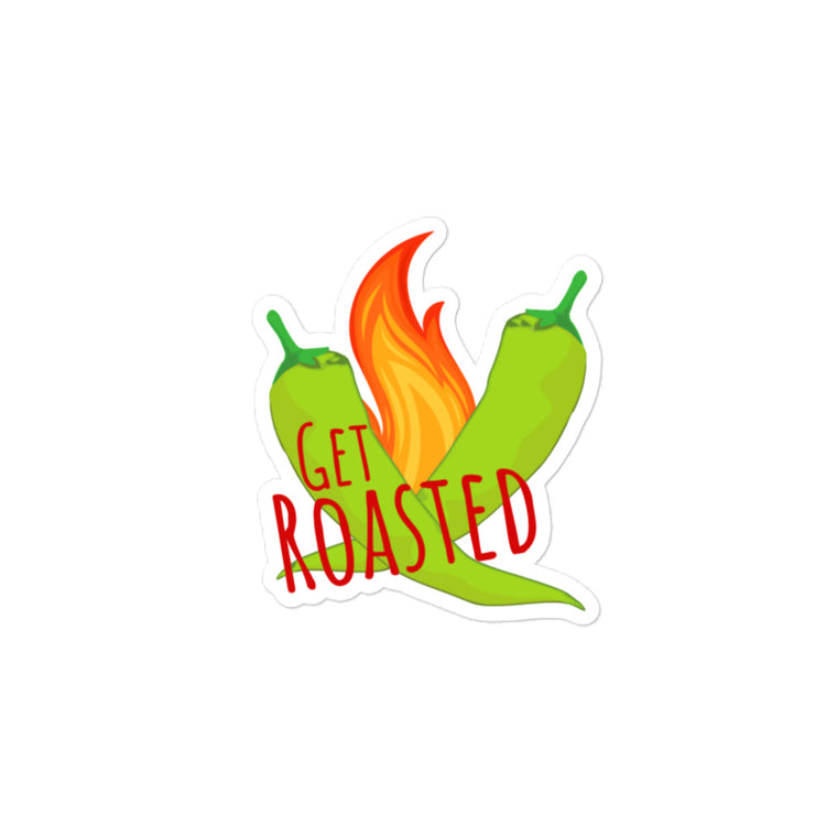 Get Roasted Sticker design featuring two green chili peppers with orange flames coming out of the top, perfect for water bottle stickers.