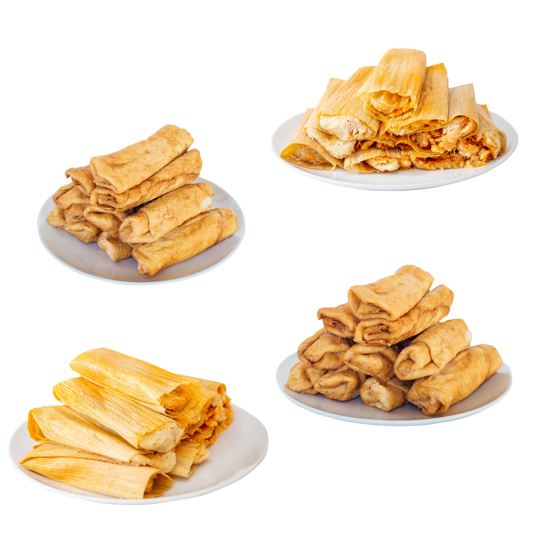 Four plates of traditional Mexican foods isolated on white background: top left with taquitos, top right with Hatch Green Chile Chicken Tamales, bottom left with Hatch Red Chile Pork Tamales, and bottom right with the Meat Lover Sampler.