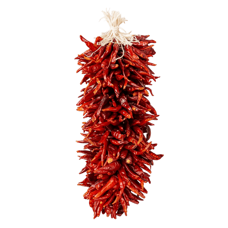 Chile pequin ristra strung with small red pequin peppers