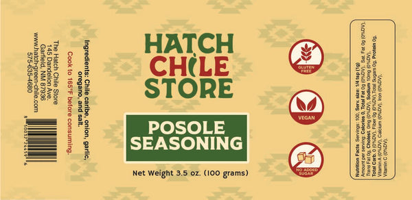Hatch Chile Store Posole Seasoning label on a beige background with green text and icons.