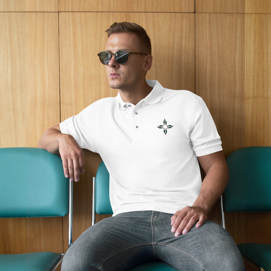 Model wearing the white Chile Zia premium polo