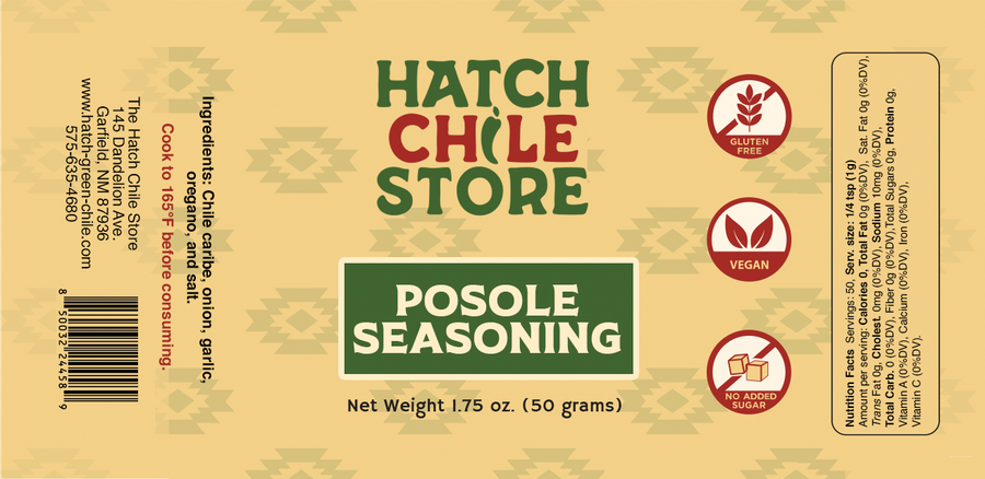 Hatch Chile Store Posole Seasoning label, gluten free and vegan, 1.75 oz