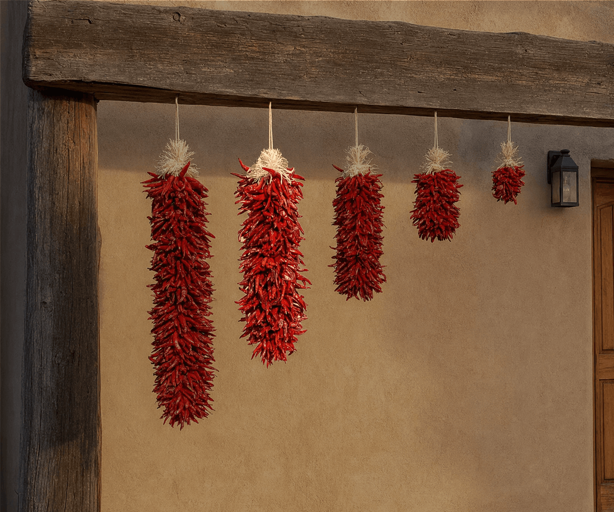 Dried red chile pequin ristras in graduated lengths on an adobe wall, larger size featured