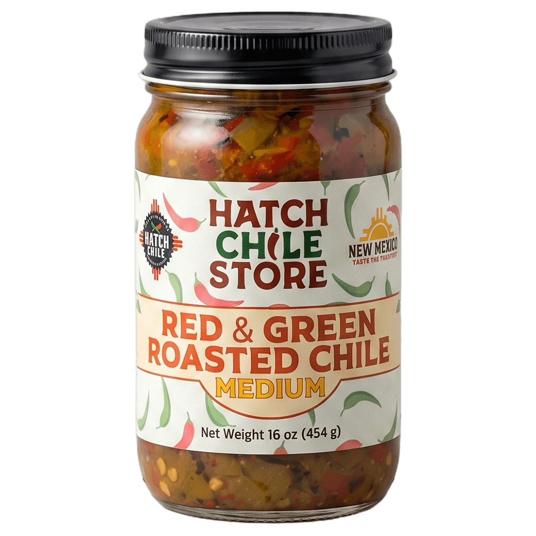 Hatch red and green roasted chile, medium — 16 oz jar of New Mexico red & green chile