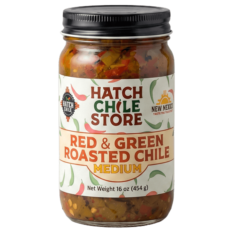 Hatch red and green roasted chile, medium — 16 oz jar of New Mexico red & green chile