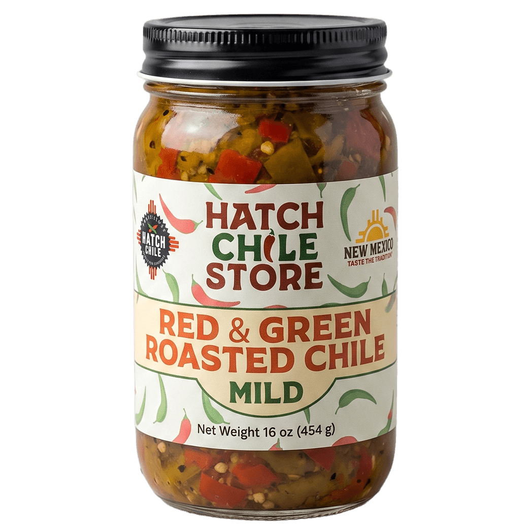 Hatch red and green roasted chile, mild — 16 oz jar of New Mexico red & green chile
