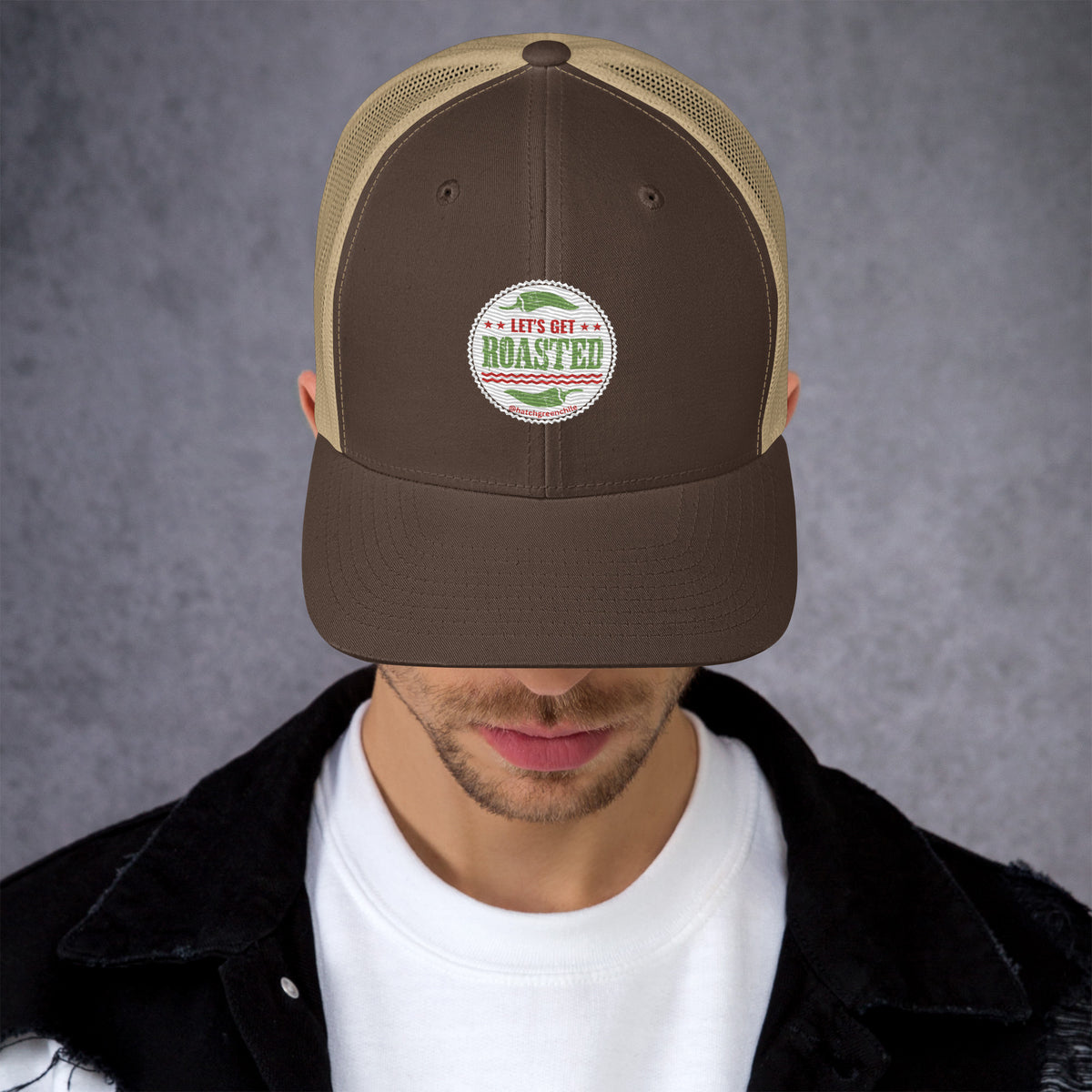 Get Roasted Trucker Cap — retro trucker hat in brown khaki, front view