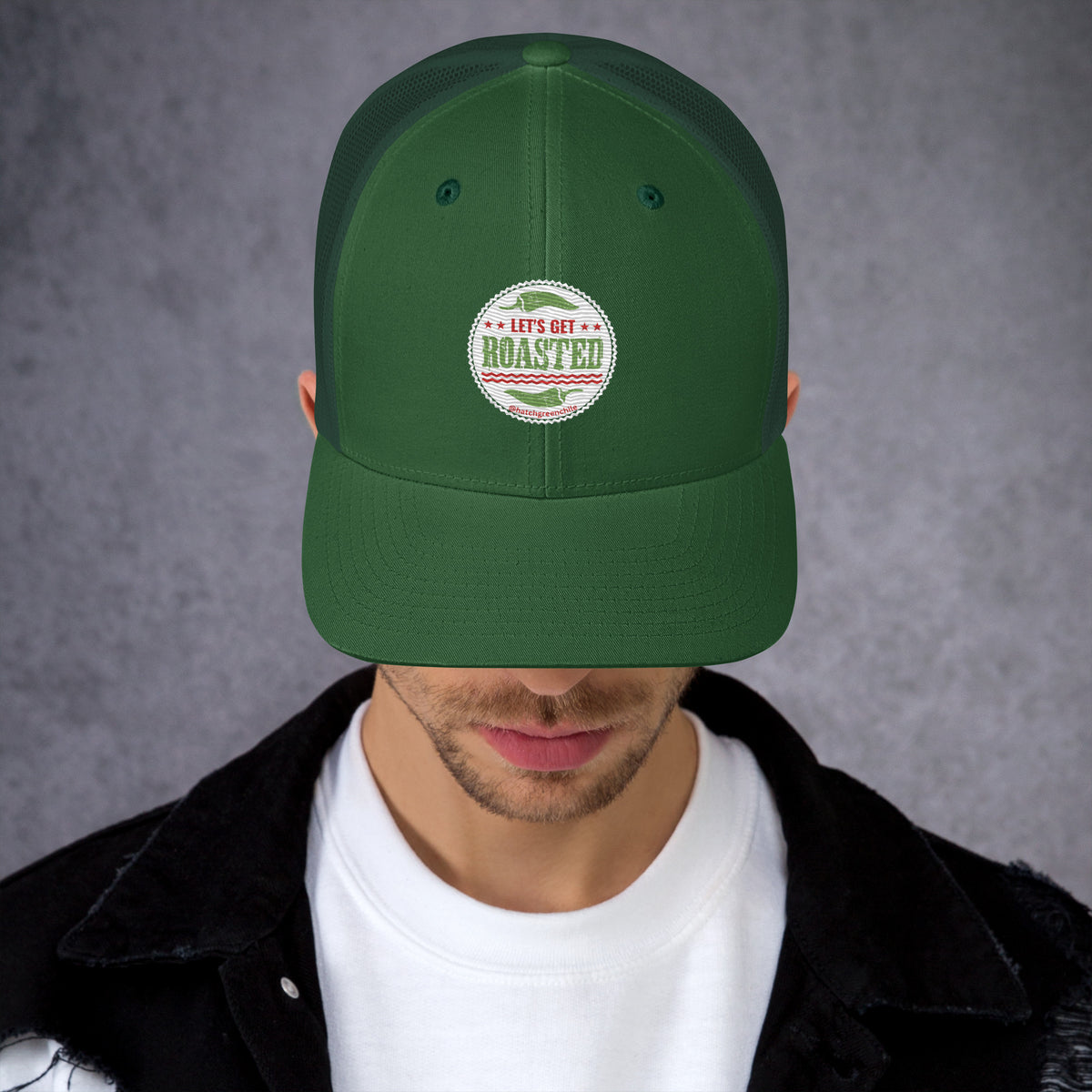 Get Roasted Trucker Cap — retro trucker hat in evergreen, front view