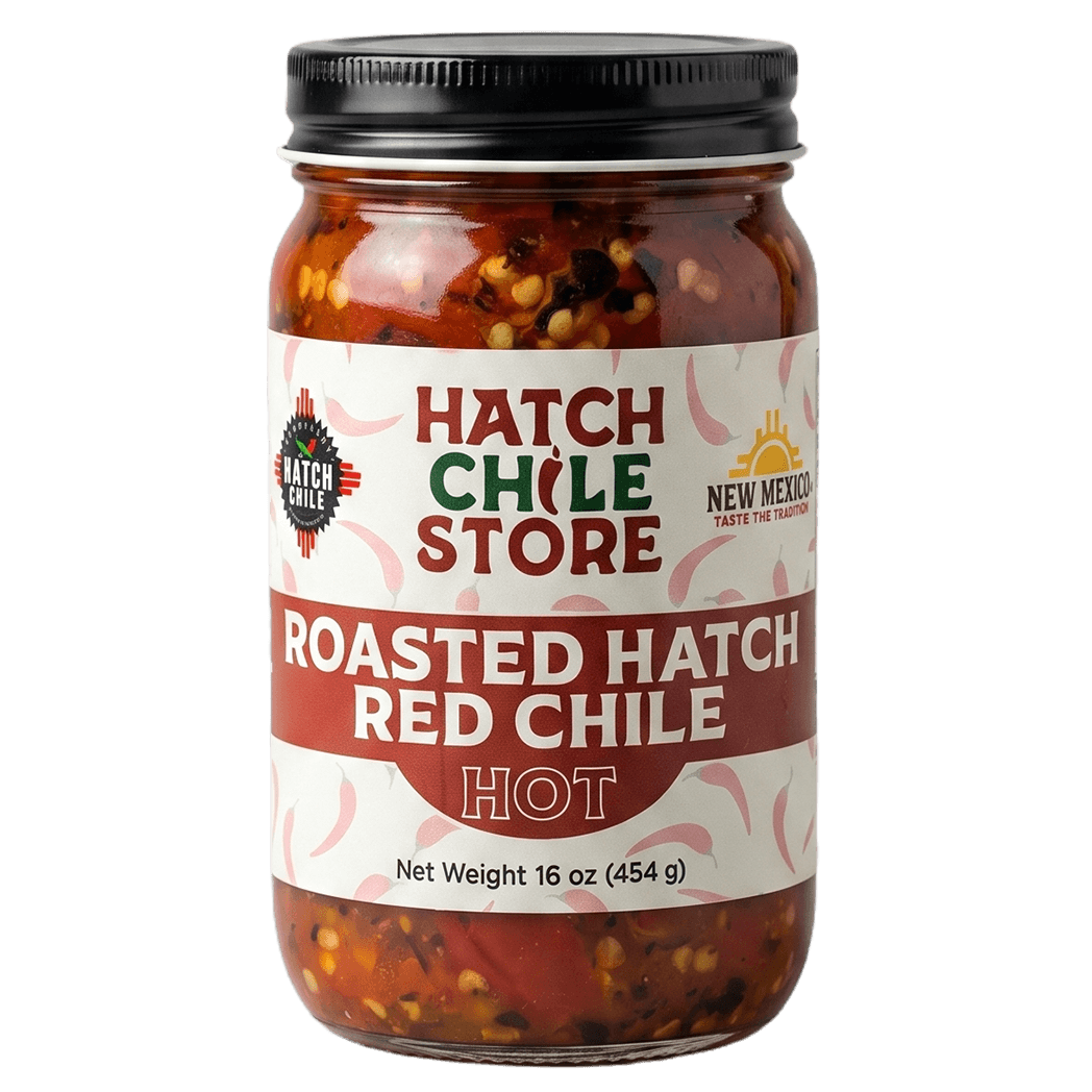 Roasted Hatch red chile, hot — 16 oz jar of New Mexico red chile