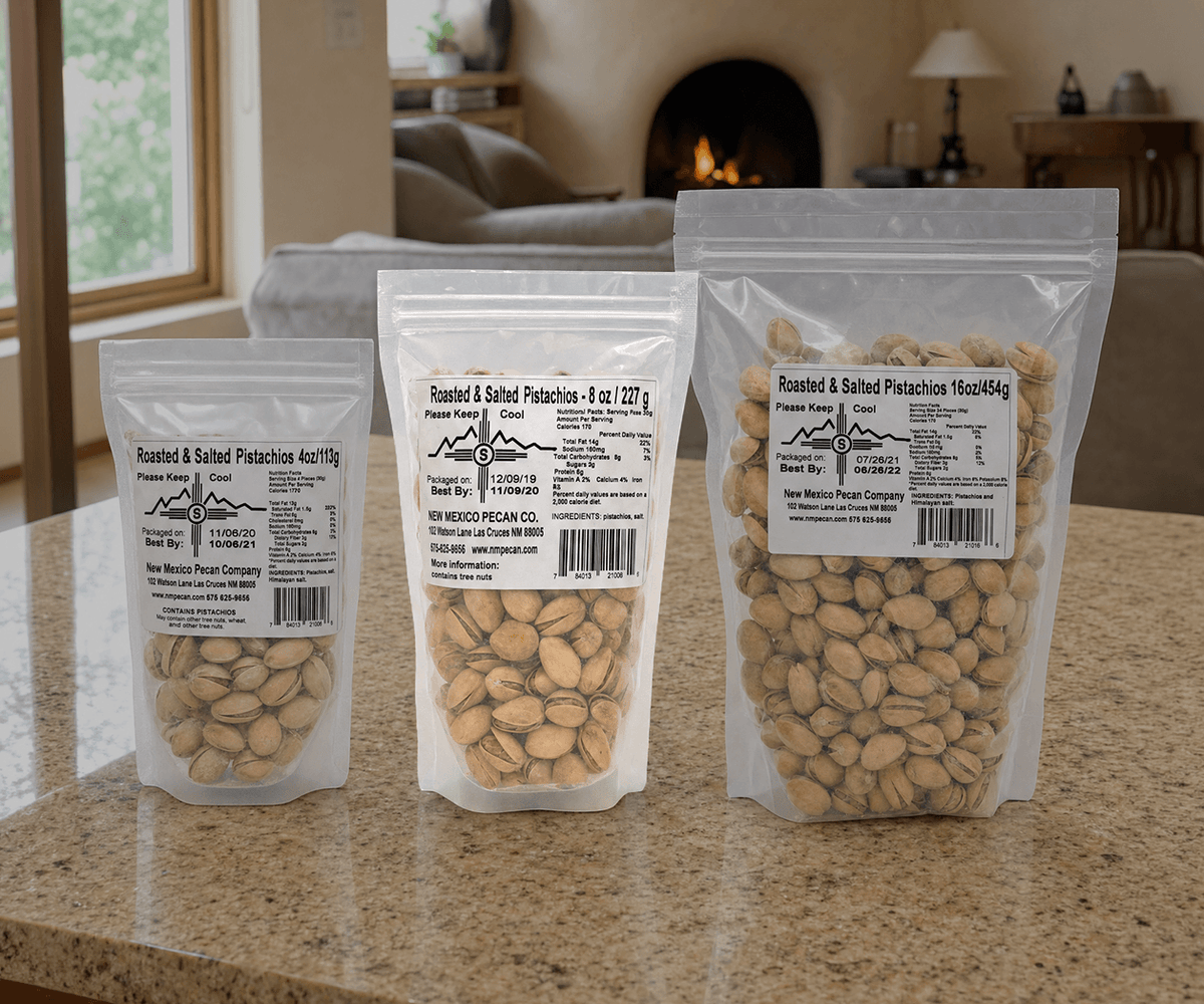 Roasted salted pistachios in 4, 8, and 16 oz resealable bags