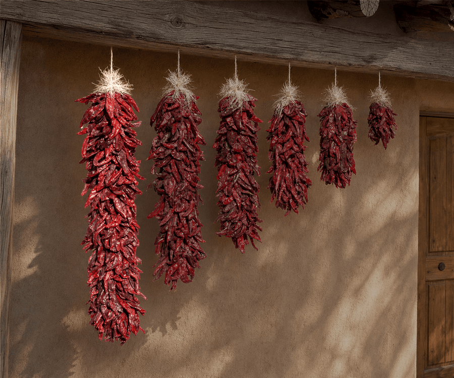 Dried red chile ristras in graduated lengths on adobe wall, largest highlighted