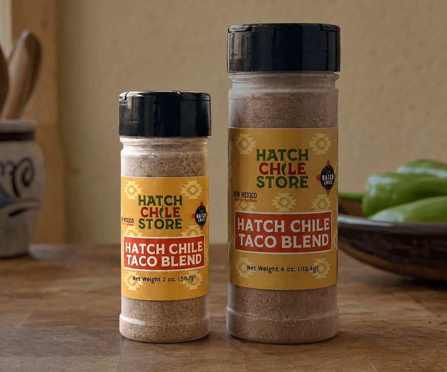 Hatch Chile Store taco blend in 2 oz and 4 oz shaker jars on a wooden board