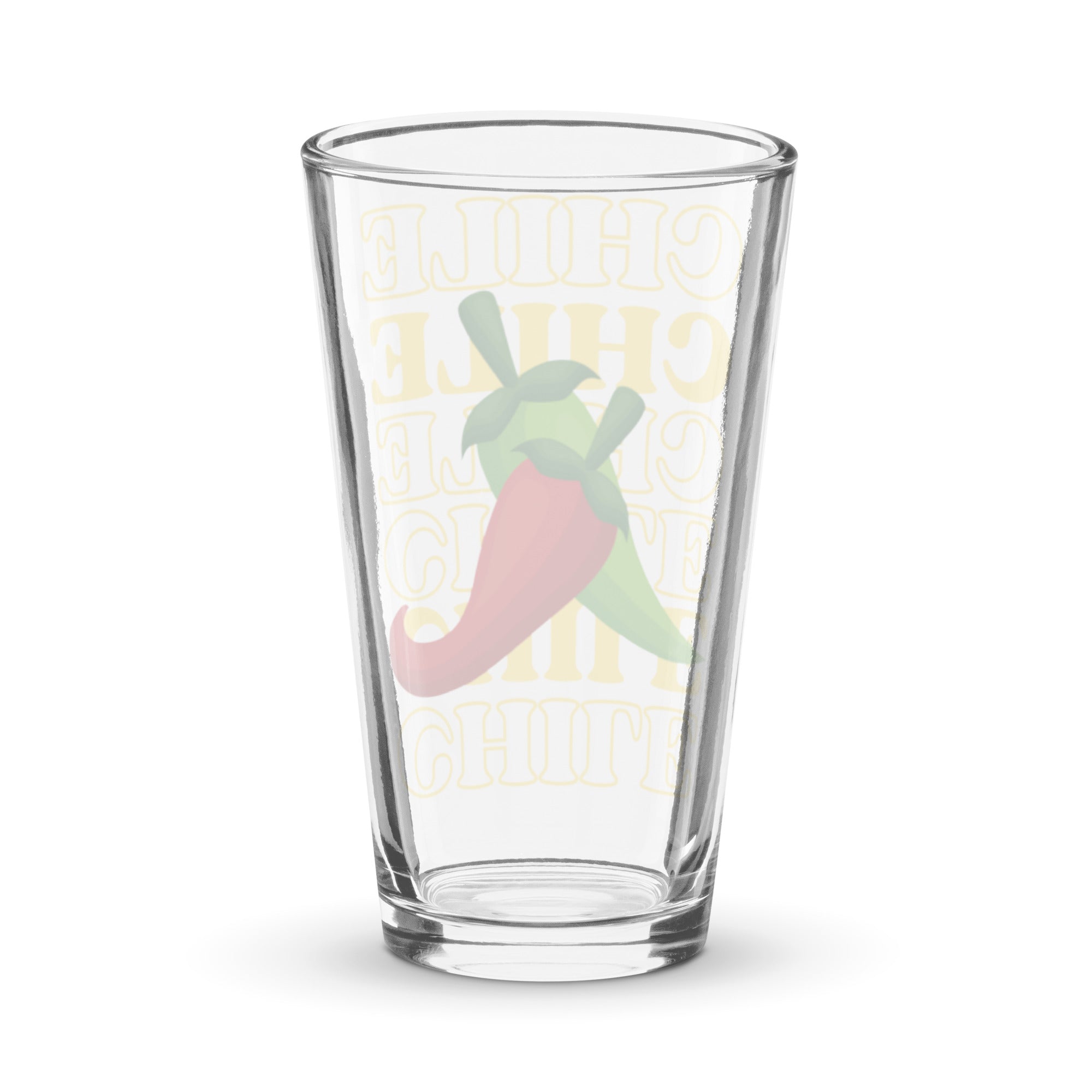 A clear shaker pint glass with a design featuring the word "chili" in a stylized font and an illustration of a green chili pepper overlaying the text.