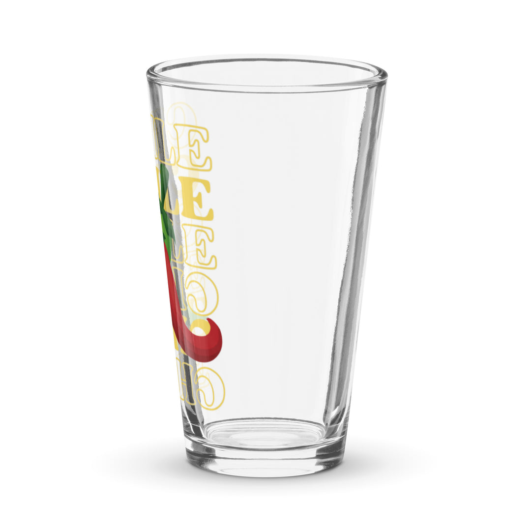 Clear Red & Green Chile Glass from our glassware collection with a colorful design featuring the word "cheers" in various languages, decorated with a small red accent.