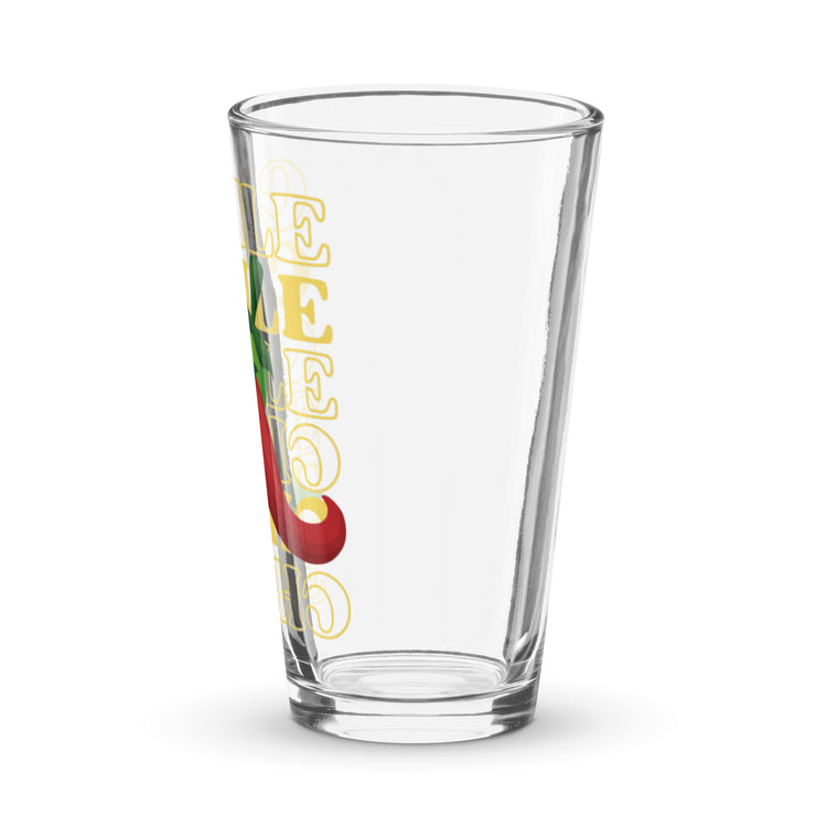 Clear Red & Green Chile Glass from our glassware collection with a colorful design featuring the word "cheers" in various languages, decorated with a small red accent.