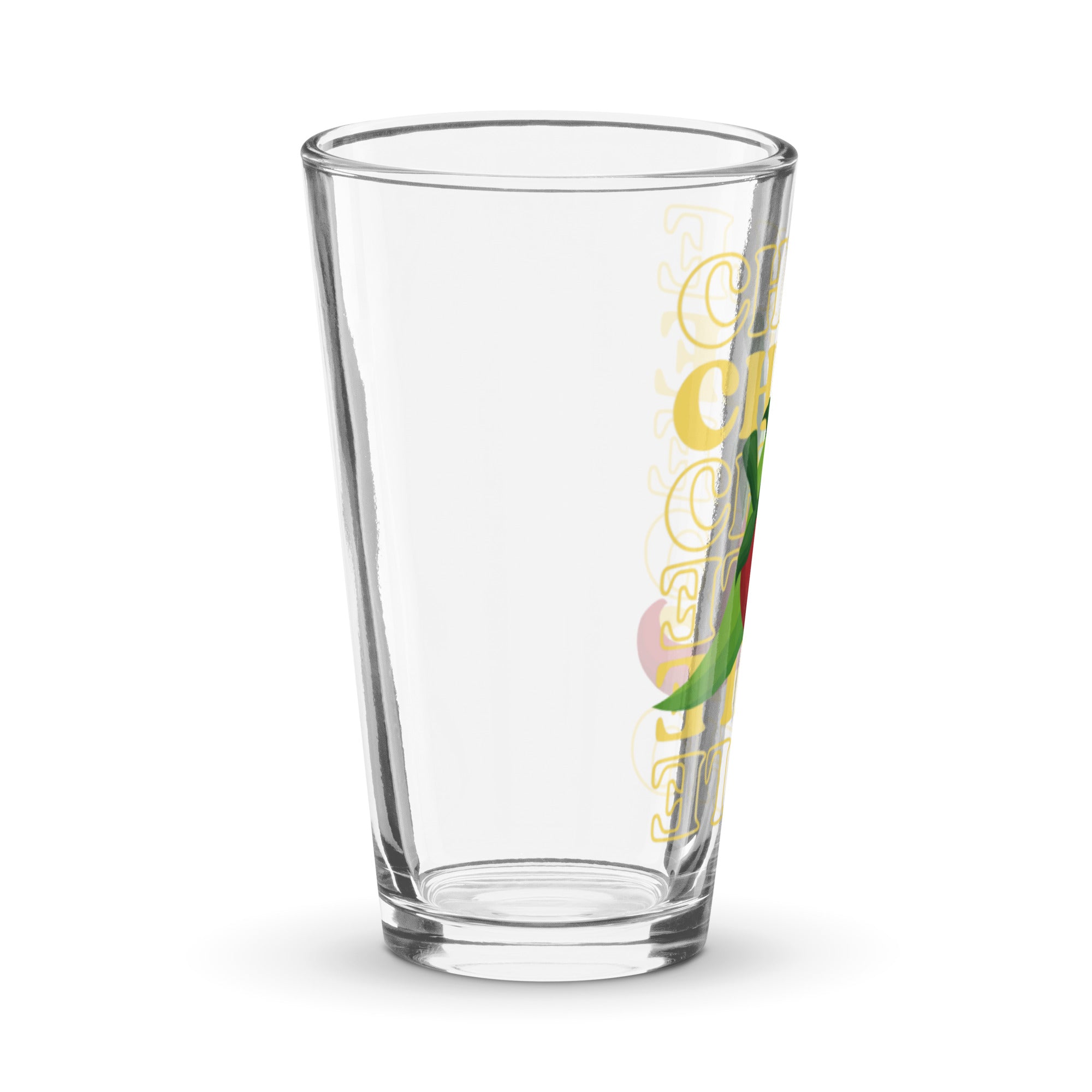 Empty Red & Green Chile Glass with a transparent design featuring yellow and green accents on a white background.