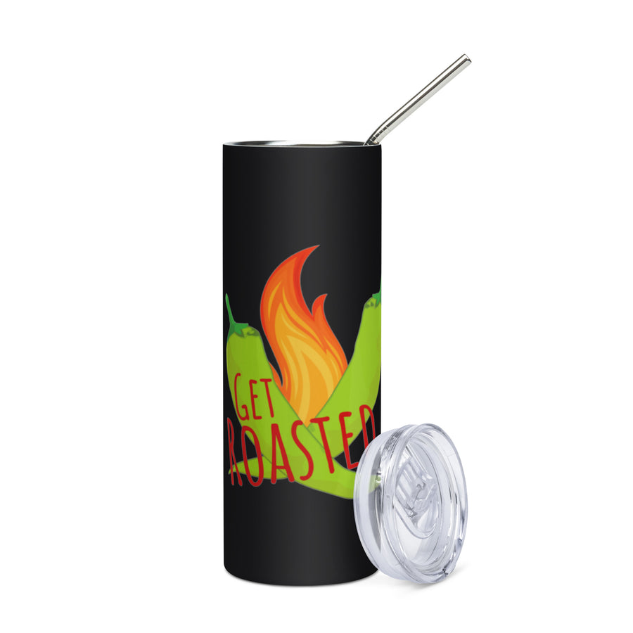 Get Roasted Tumbler — stainless steel tumbler in black, front view