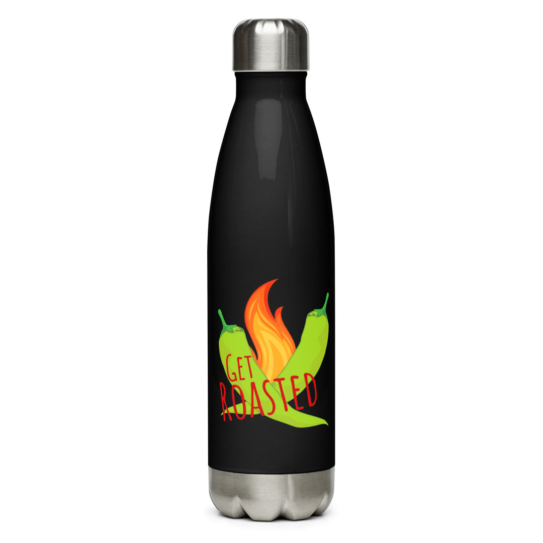 A black stainless steel Get Roasted Water Bottle featuring a colorful design with two green chili peppers, flames, and the text "get roasted" in playful, bold lettering.