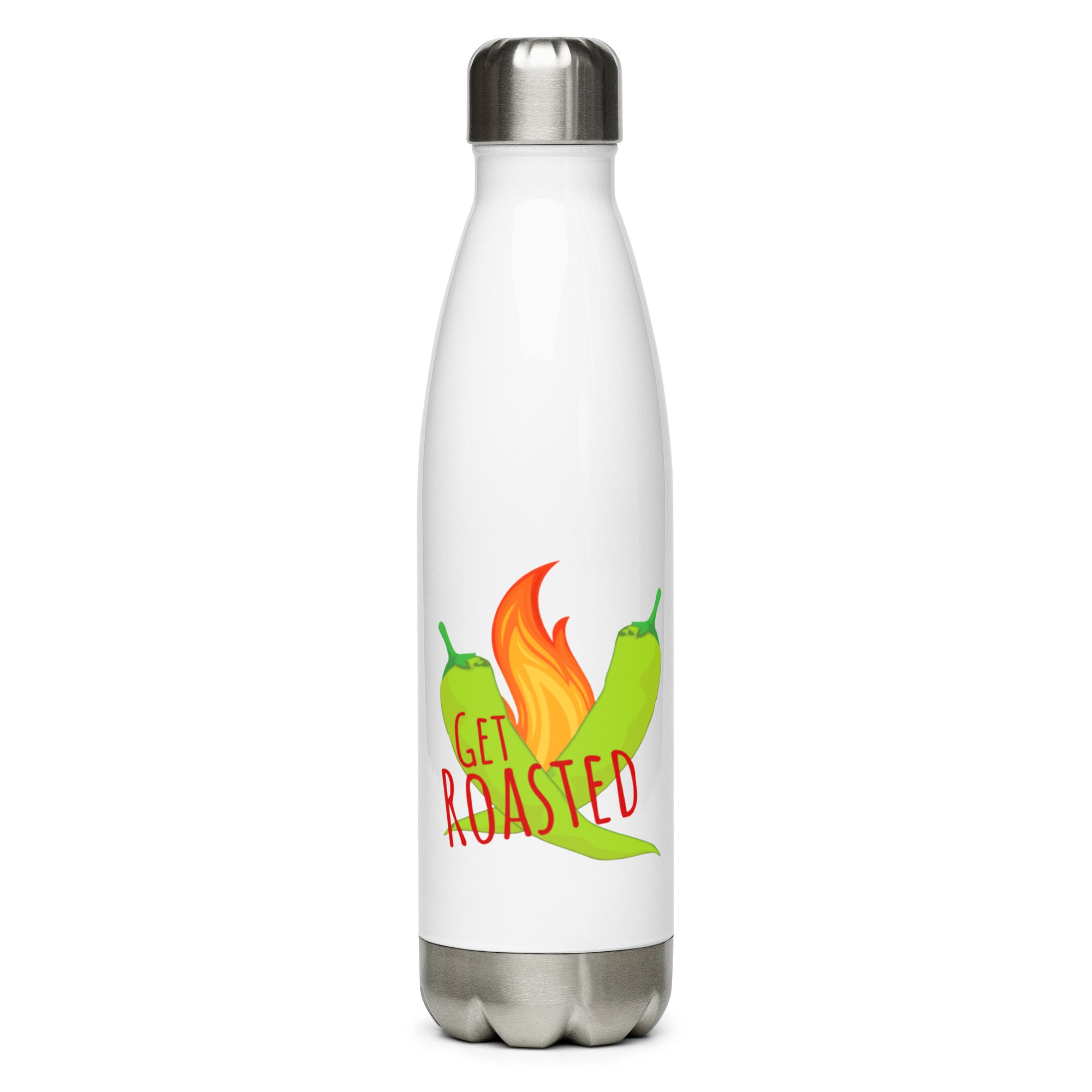 White stainless steel Get Roasted Water Bottle with a playful design featuring two green chili peppers and a flame, alongside the text "get roasted".