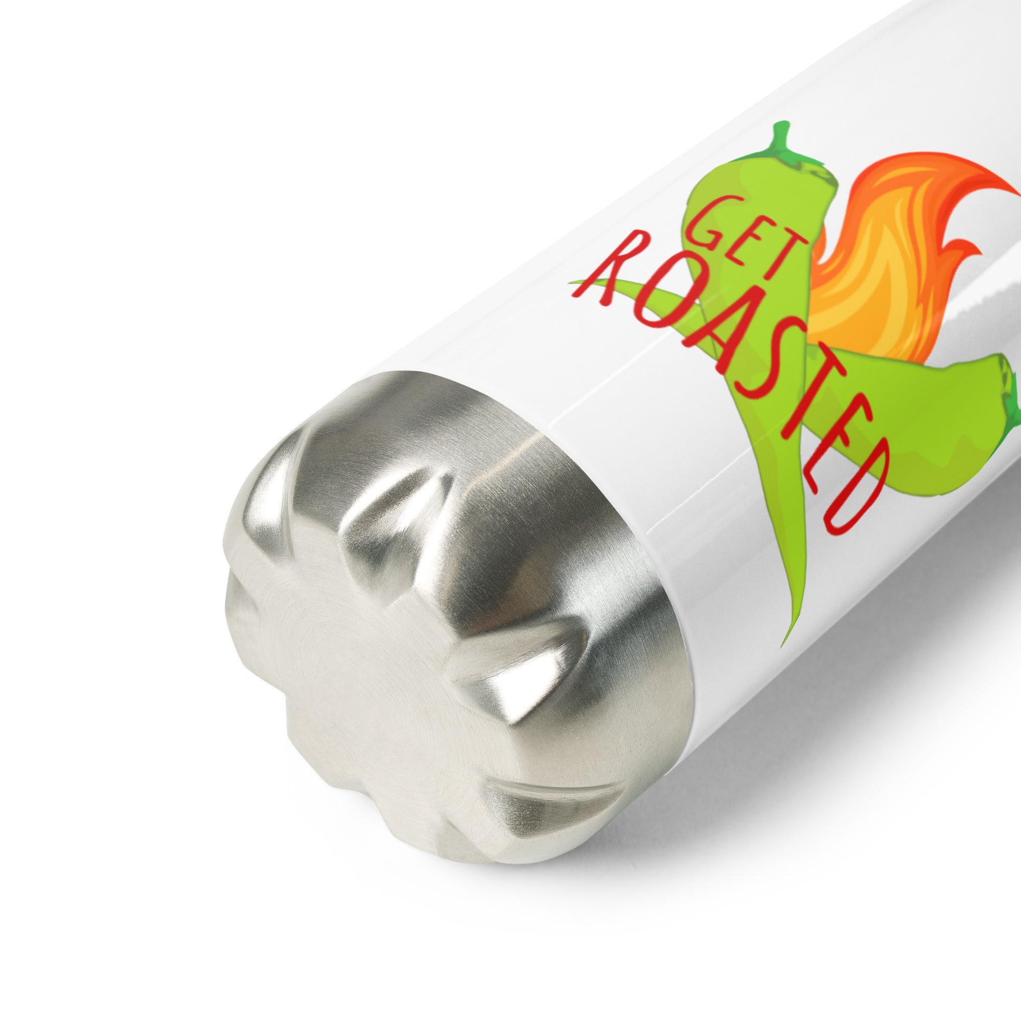 A stainless steel Get Roasted Water Bottle with a "get roasted" logo featuring a red chili pepper and flames, displayed on a white background.