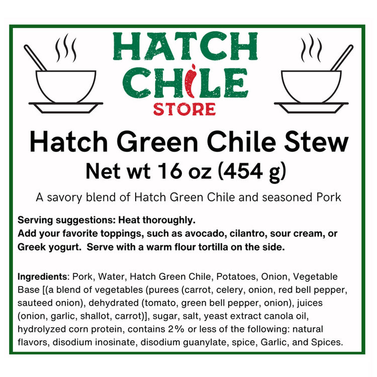 Sentence with product name: Graphic of a label for Hatch Green Chile Stew mentioning it's a blend of green chile and seasoned pork. Lists ingredients, serving suggestions, and a pair of steam.