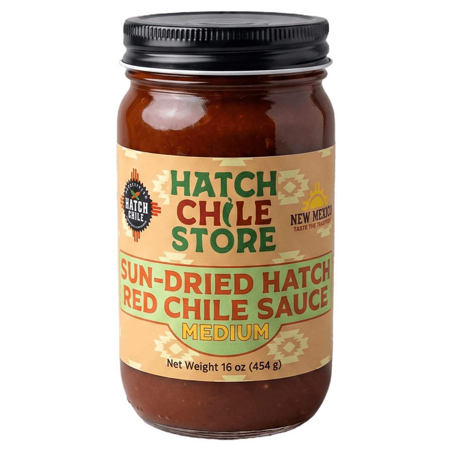 Sun-dried Hatch red chile sauce, medium — 16 oz jar of New Mexico red chile