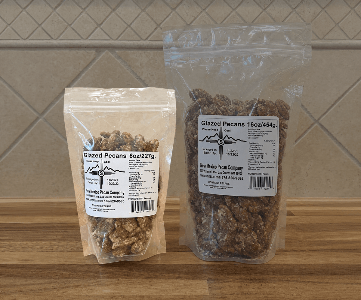 New Mexico Pecan Company glazed pecans in 8 oz and 16 oz resealable bags