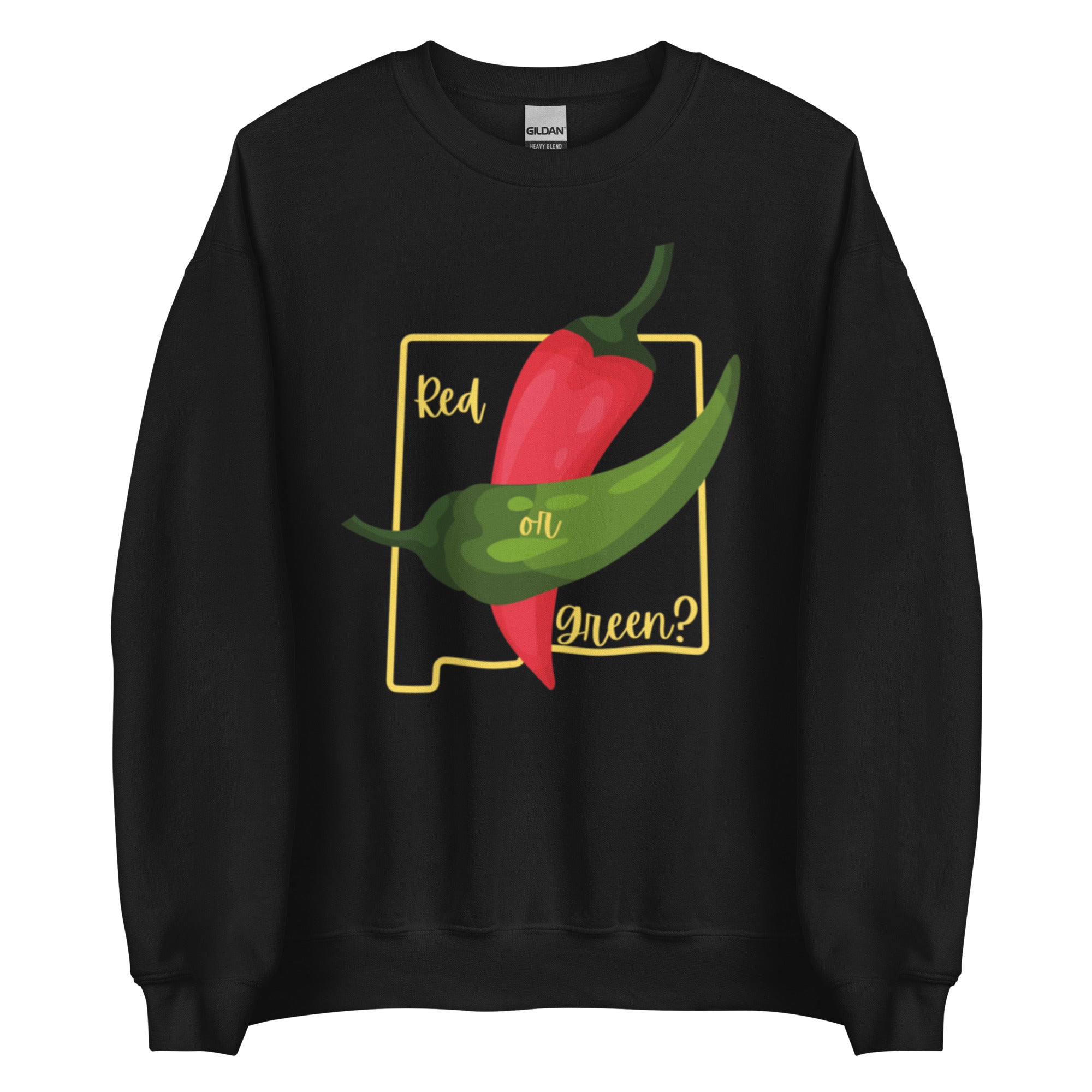 A State Question Sweatshirt with a graphic of a red and a green chili pepper. Text around the peppers reads "red" and "green?" in a playful, colorful font.