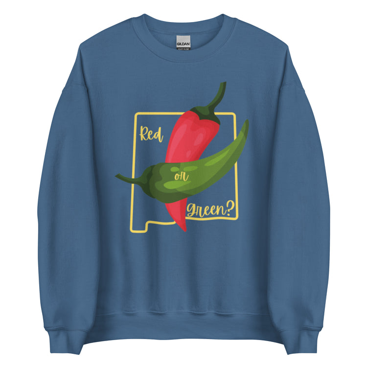 State Question Sweatshirt with a graphic of red and green chili peppers, surrounded by a yellow rectangle and the text "red or green?" in a casual script.