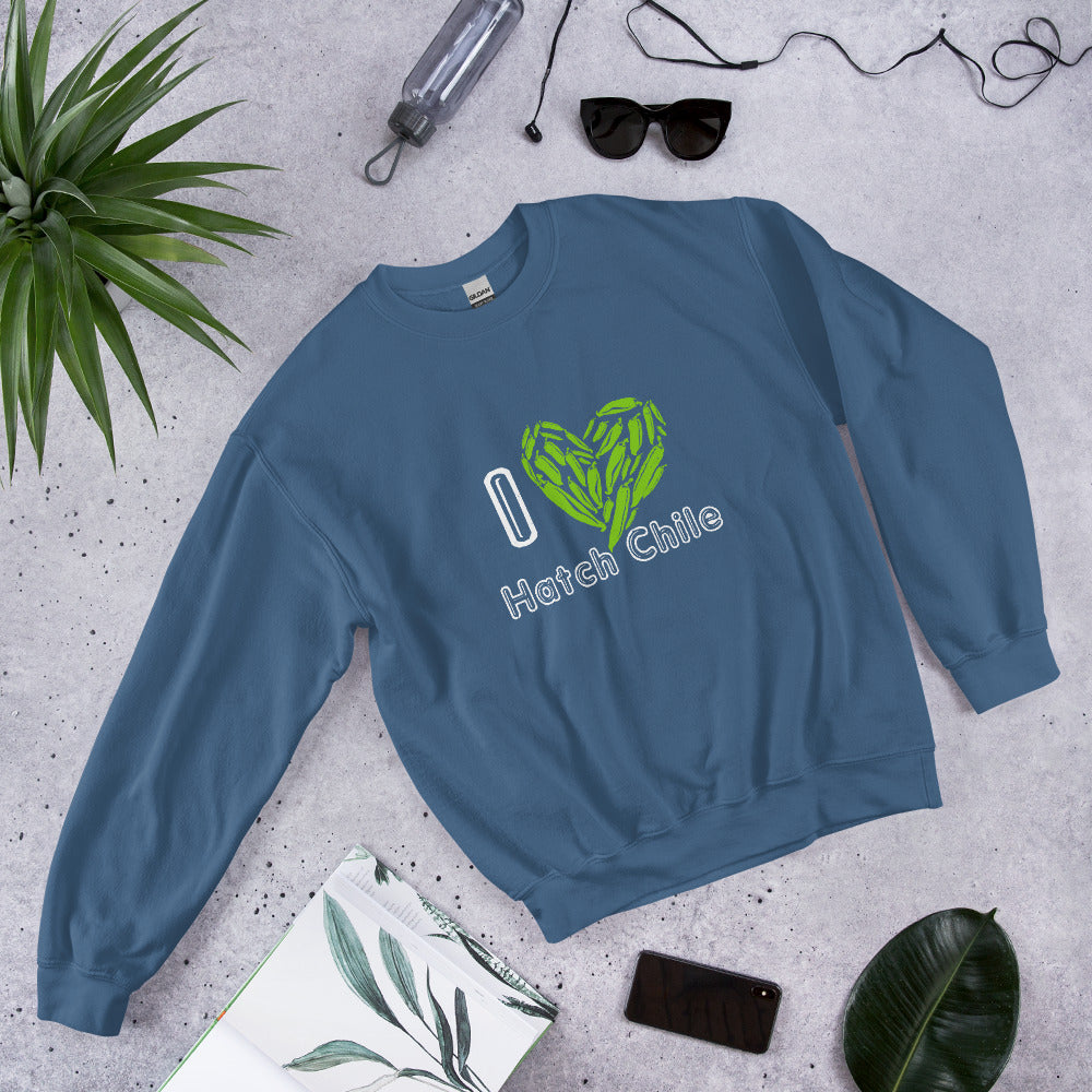 I Love Hatch Chile Sweatshirt — crew neck sweatshirt in indigo blue, front view
