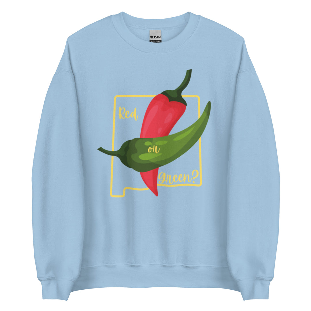 State Question Sweatshirt with a graphic of a red and green chili pepper, featuring the text "red or green?" inside a yellow square.