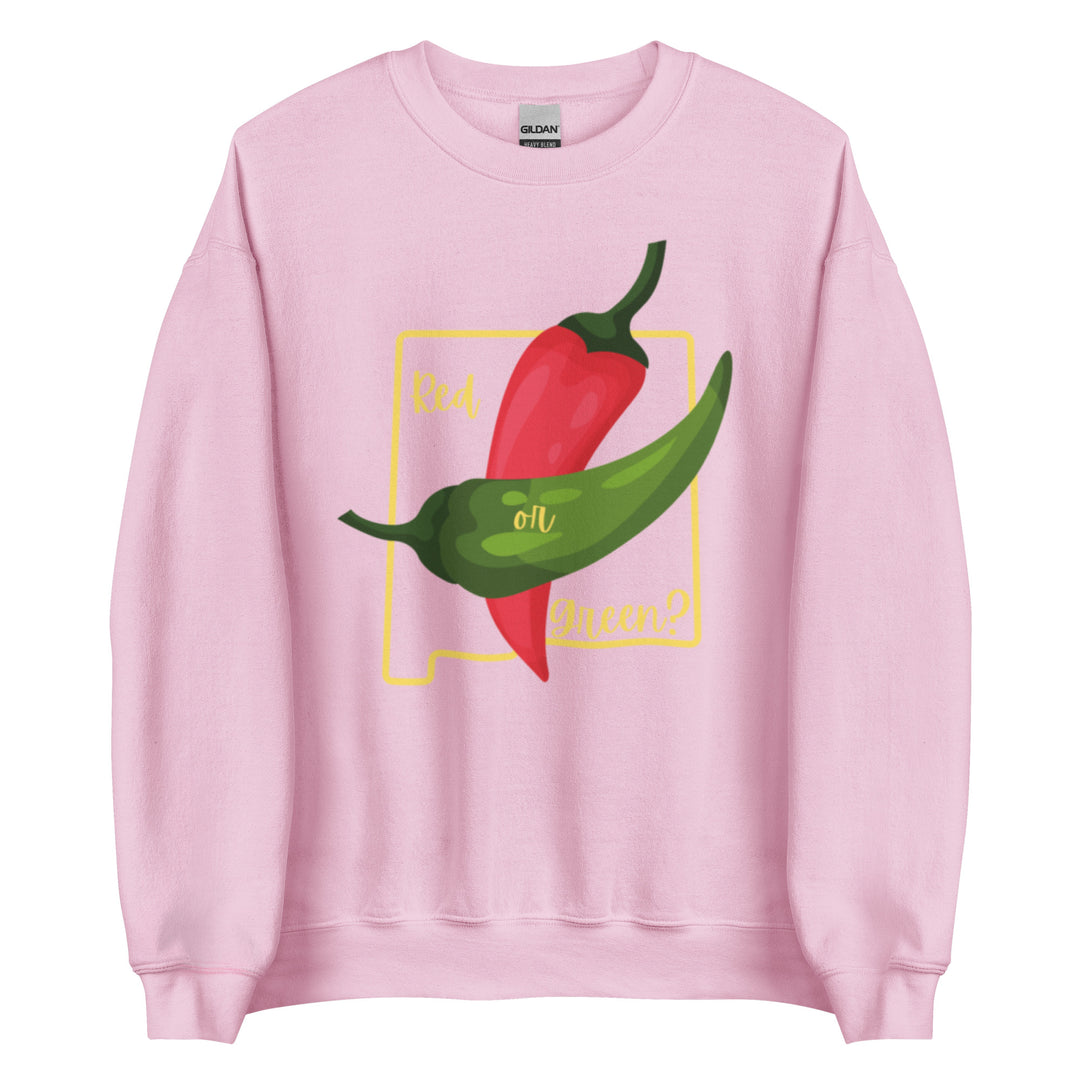 Pink pre-shrunk State Question sweatshirt featuring a graphic design of two chili peppers, one red and one green, with the words "red" and "green?" written around them.