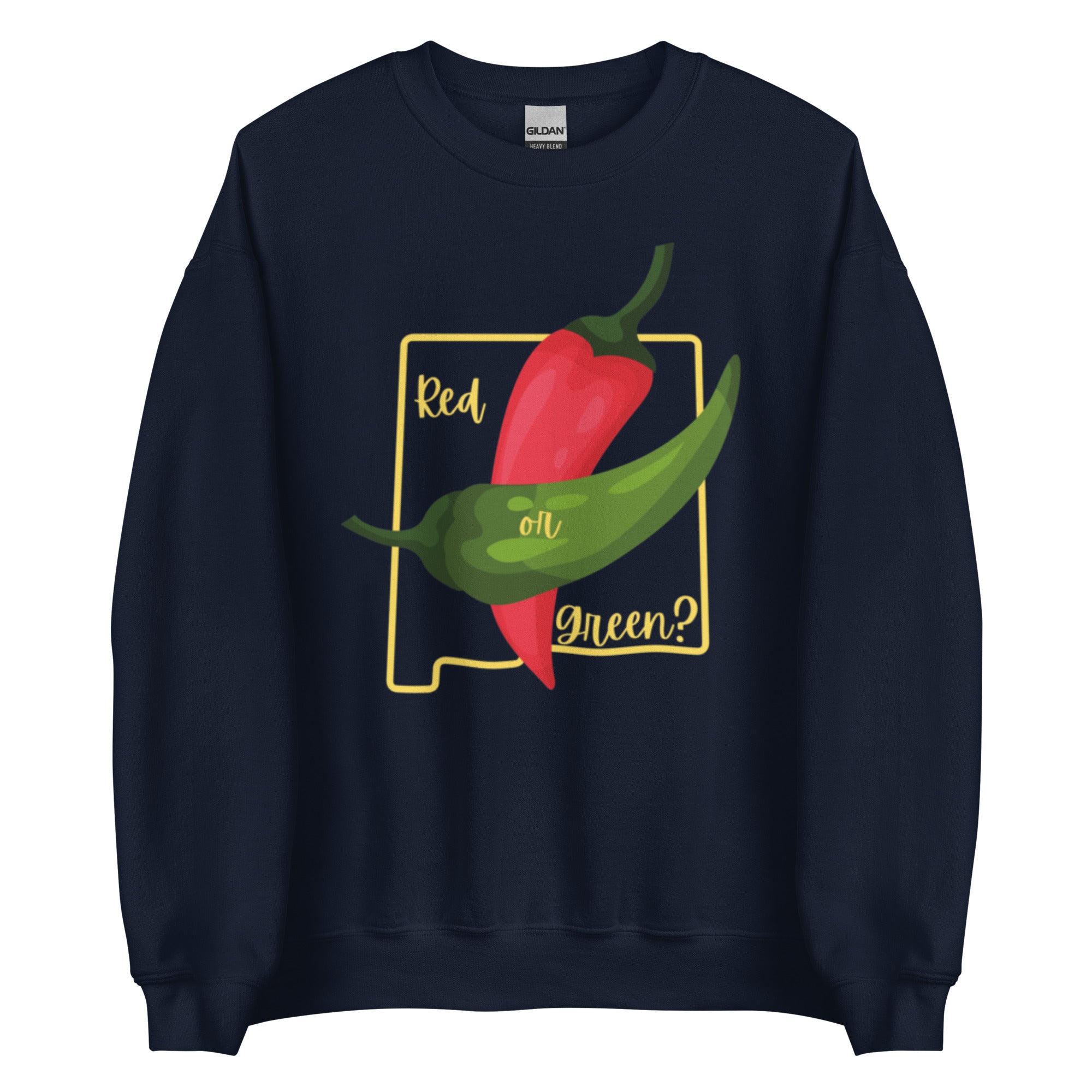 State Question Sweatshirt featuring a graphic of a red chili placed above a green chili, with text "red or green?" in yellow and framed within a yellow rectangle.