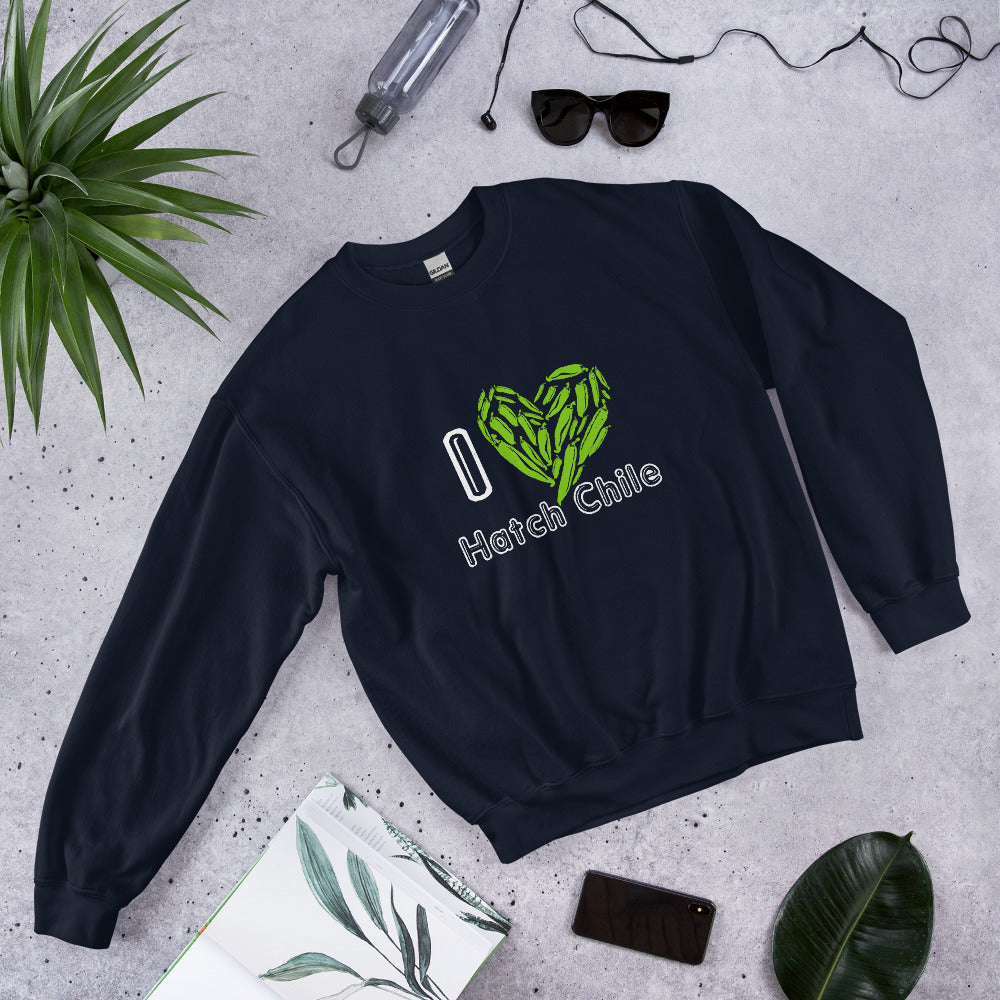 I Love Hatch Chile Sweatshirt — crew neck sweatshirt in navy, front view