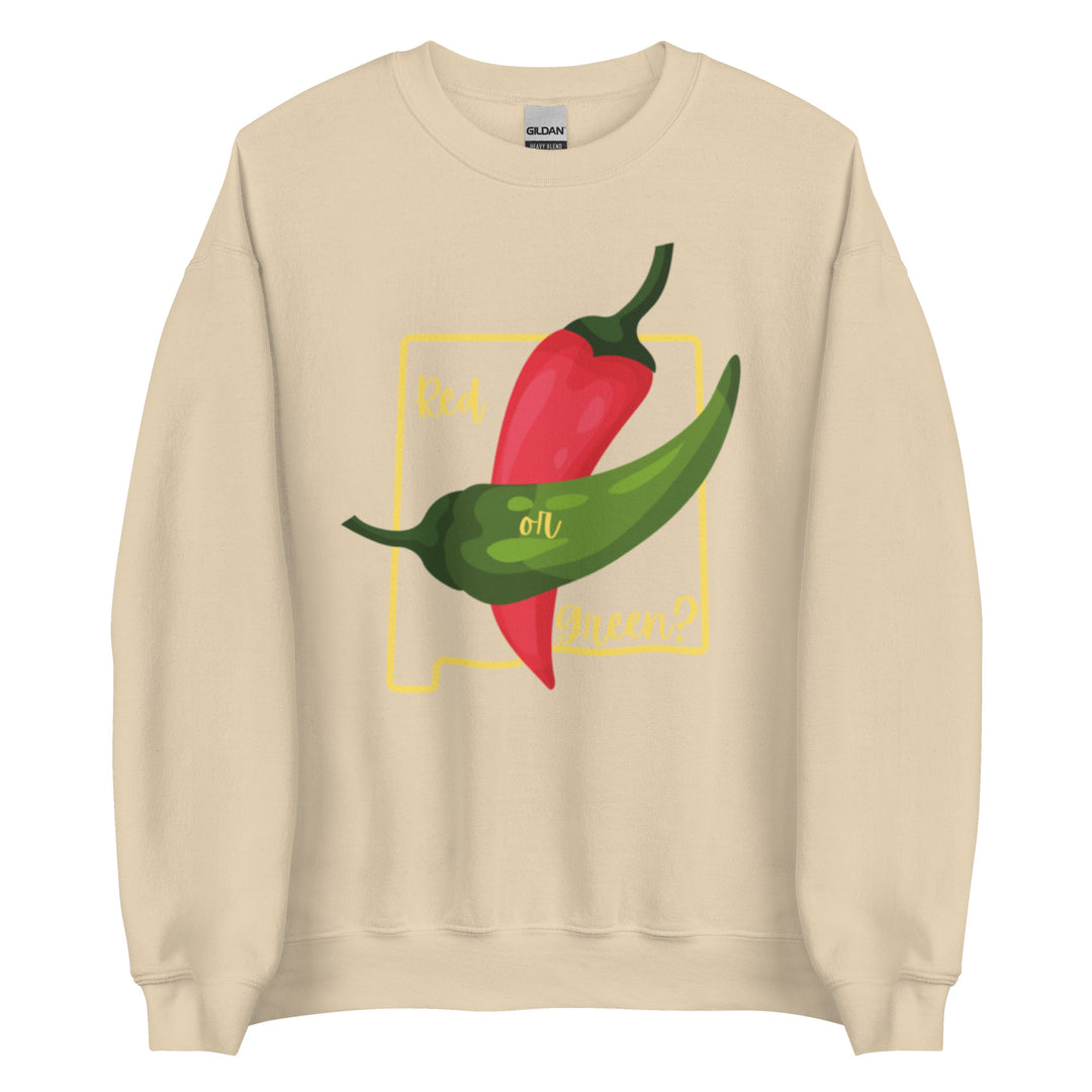 A State Question sweatshirt in beige, featuring a graphic design of two chili peppers, one red and one green, with the words "red" and "green" in stylistic typography.