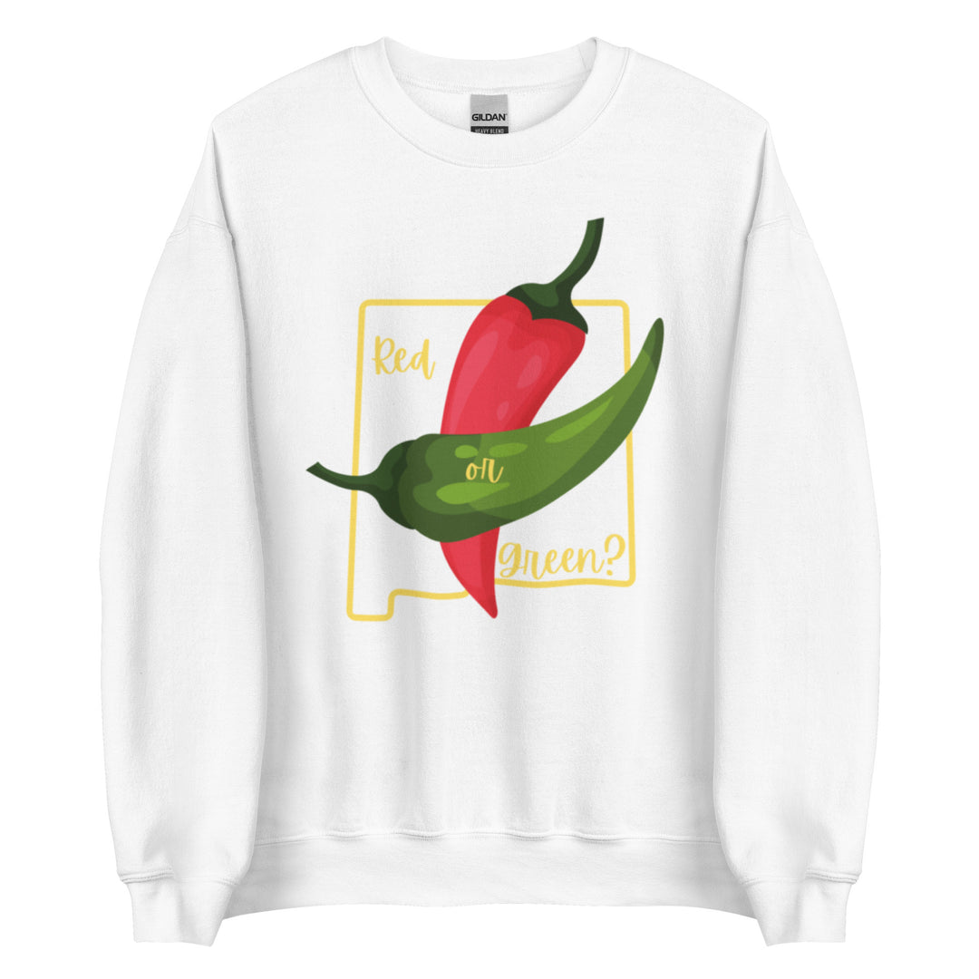 State Question Sweatshirt featuring a graphic with one red and one green chili pepper inside a yellow square border, with the text "red or green?" above and below the chilies.