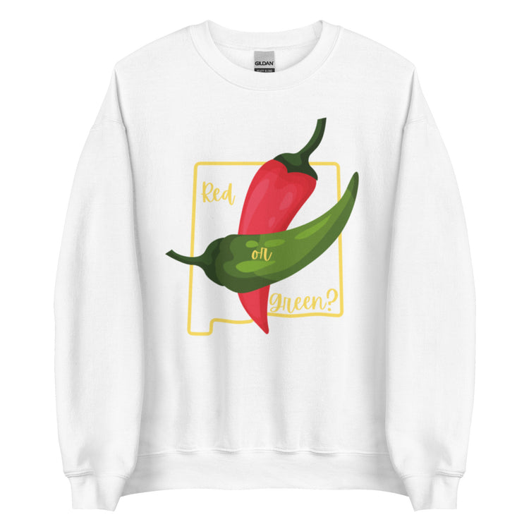 State Question Sweatshirt featuring a graphic with one red and one green chili pepper inside a yellow square border, with the text "red or green?" above and below the chilies.