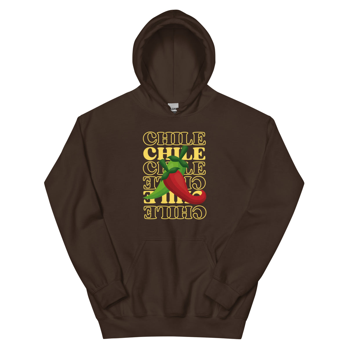 Red & Green Hoodie — unisex hoodie in dark chocolate, front view