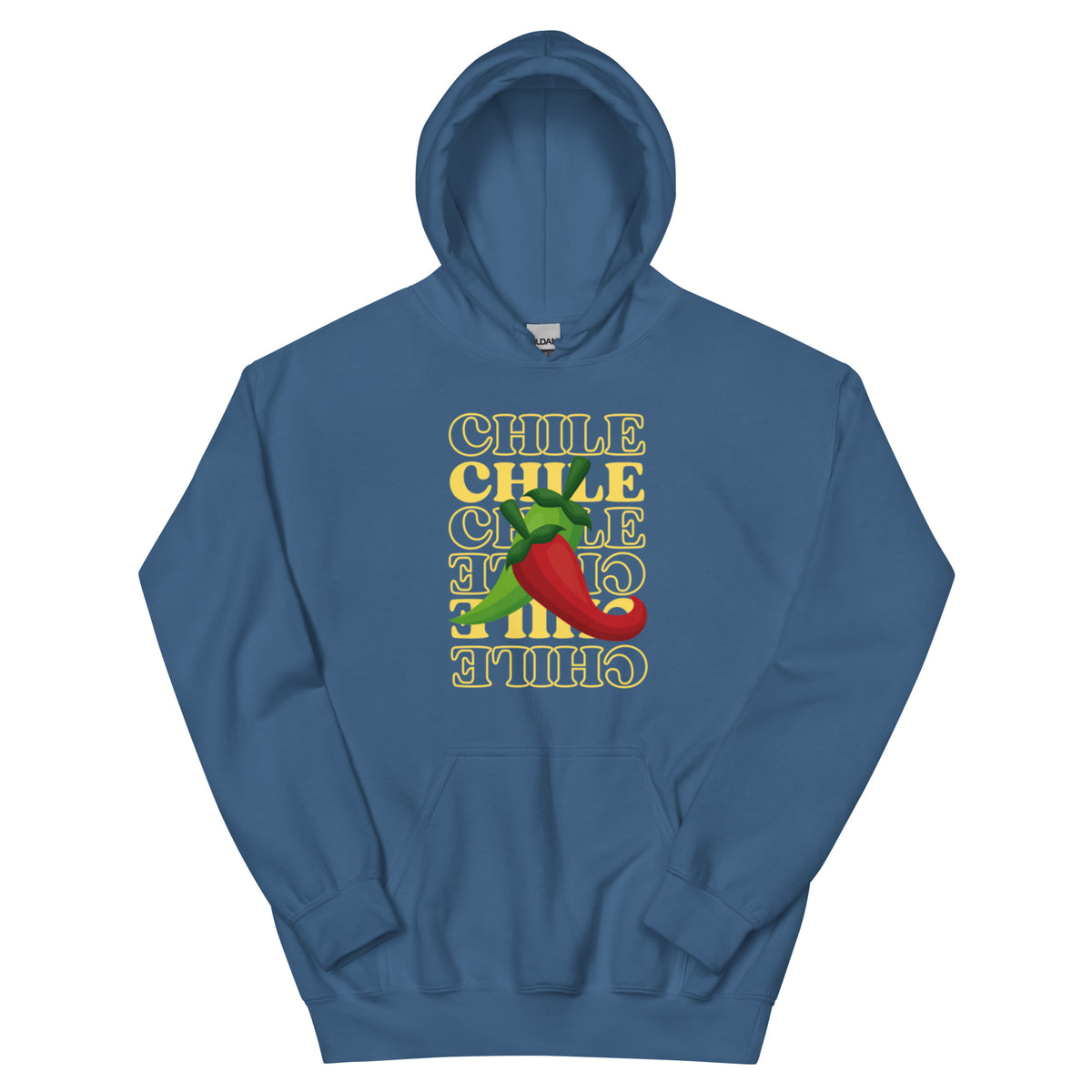 Red & Green Hoodie — unisex hoodie in indigo blue, front view