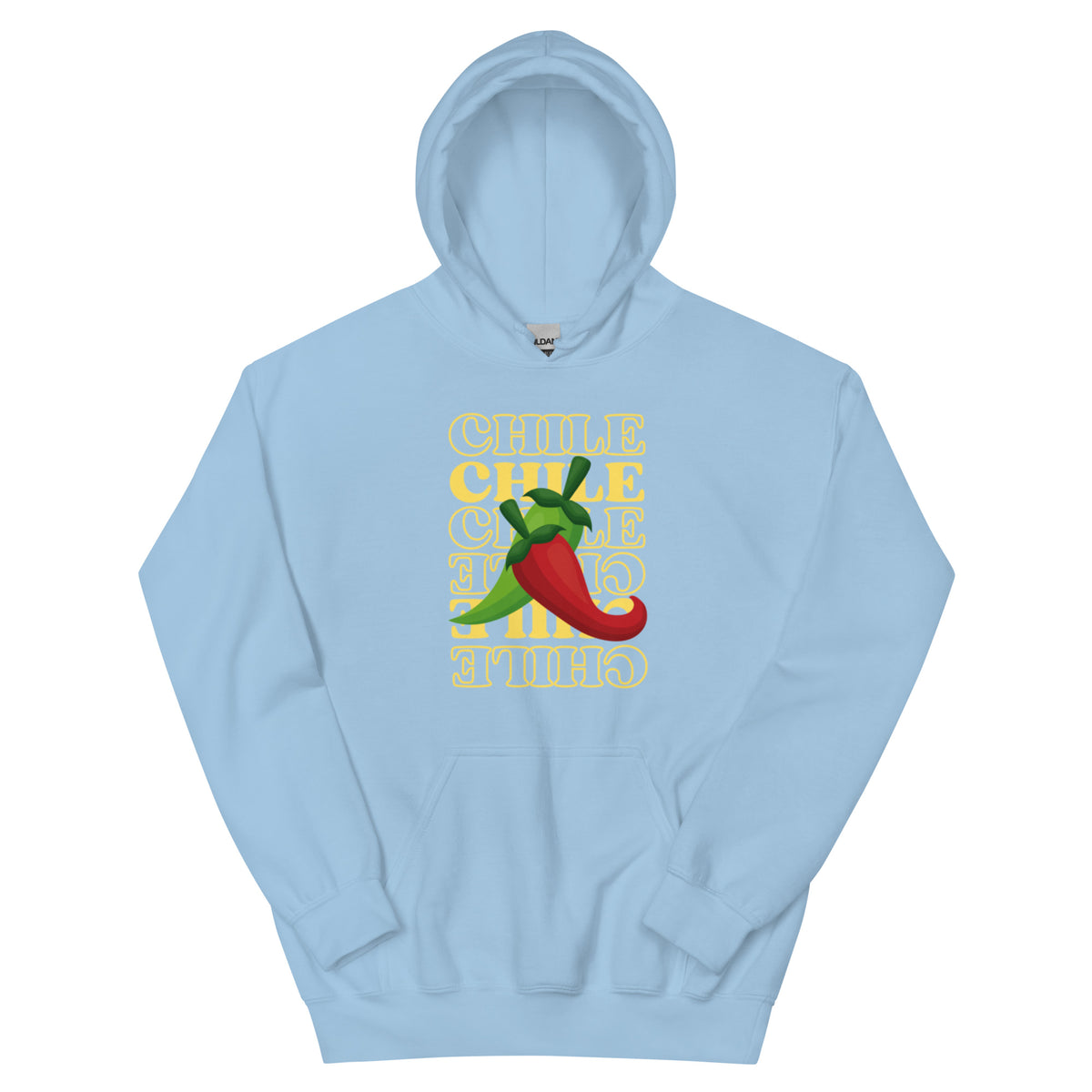 Red & Green Hoodie — unisex hoodie in light blue, front view