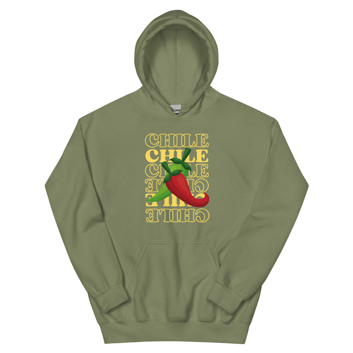 Red & Green Hoodie — unisex hoodie in military green, front view