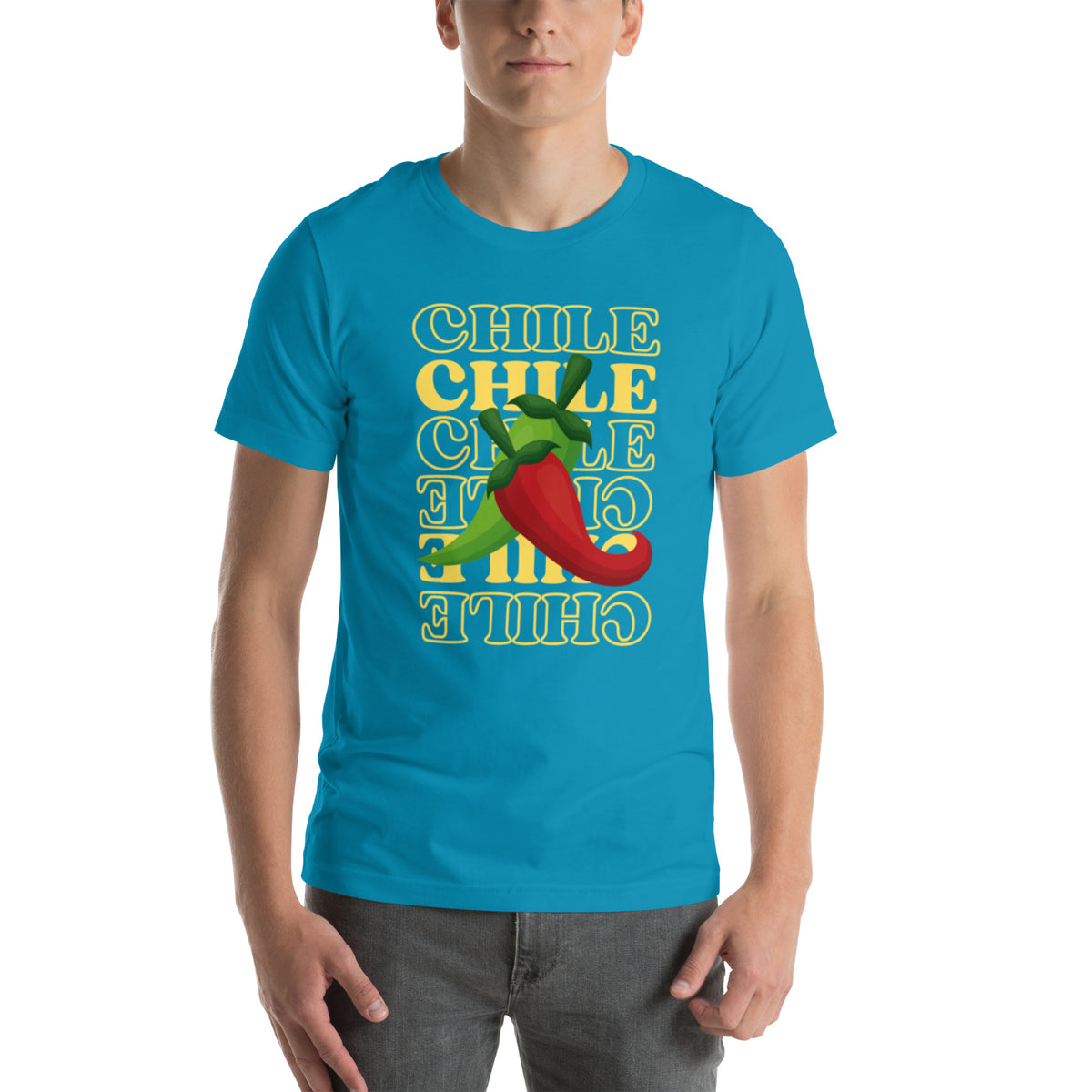 Red & Green Shirt — unisex t-shirt in aqua, front view