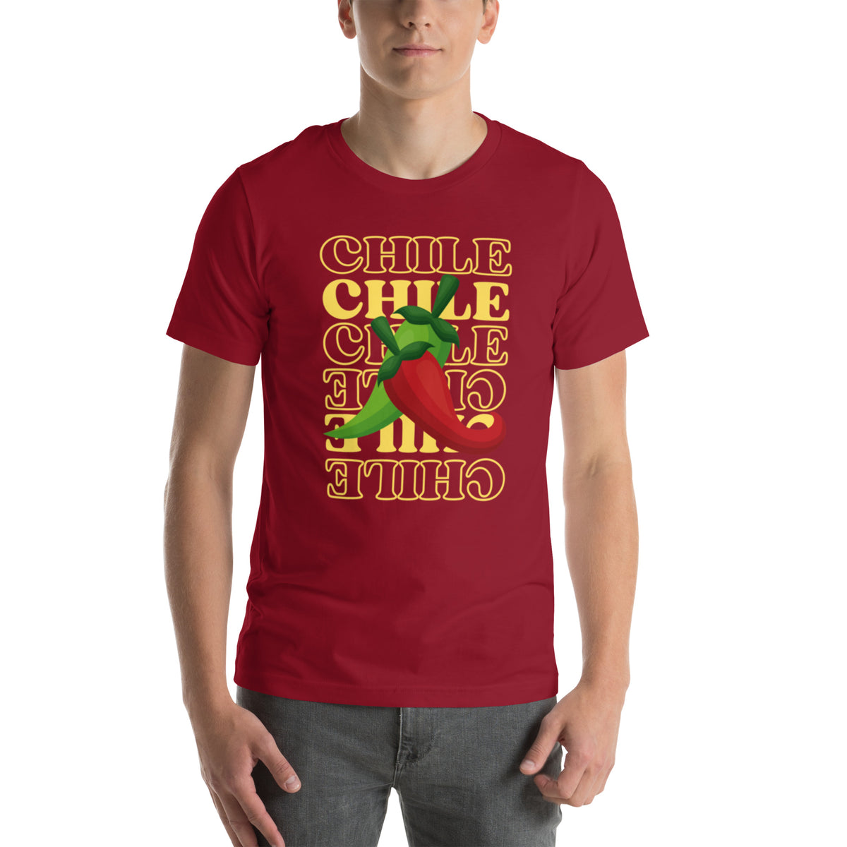 Red & Green Shirt — unisex t-shirt in cardinal, front view