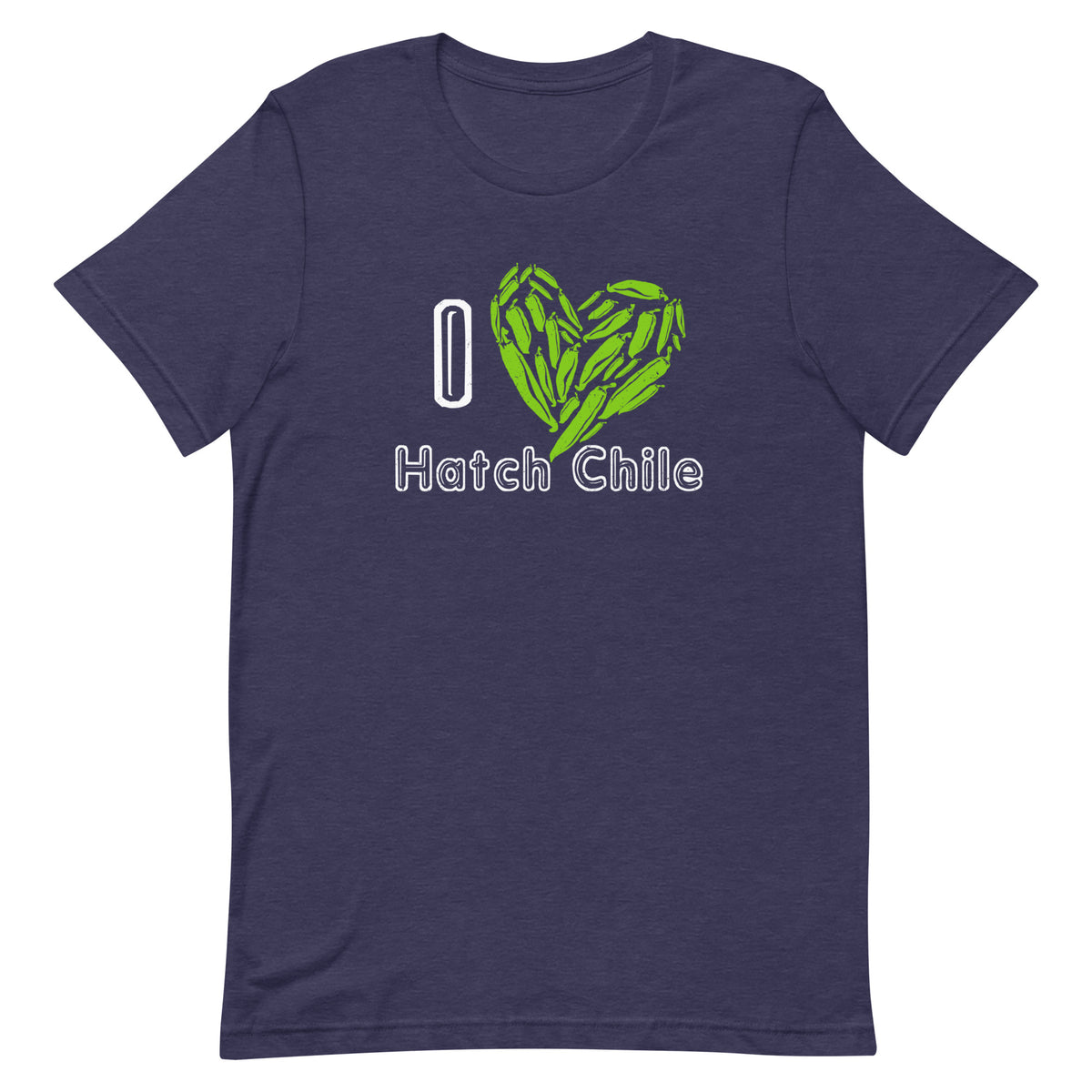 I Love Hatch Chile Shirt — unisex t-shirt in heather midnight navy, front view