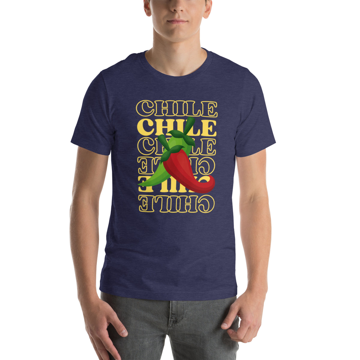 Red & Green Shirt — unisex t-shirt in heather midnight navy, front view