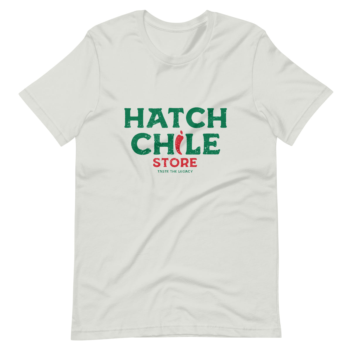 Hatch Chile Store Shirt — unisex t-shirt in silver, front view