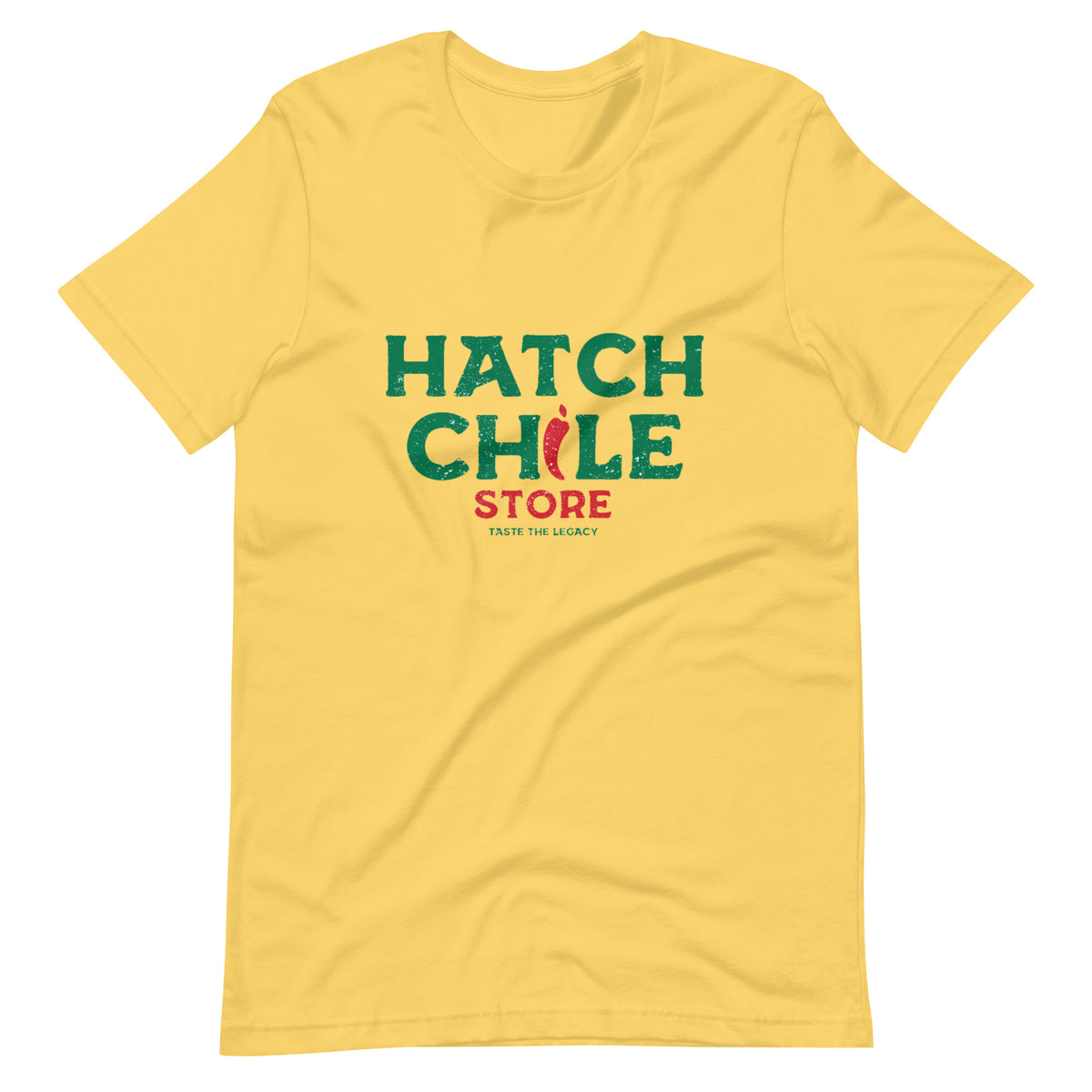 Hatch Chile Store Shirt — unisex t-shirt in yellow, front view