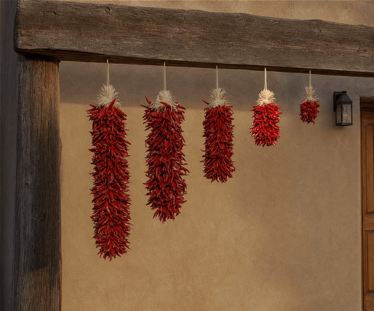 Dried red chile pequin ristras in graduated lengths on an adobe wall, smaller size featured