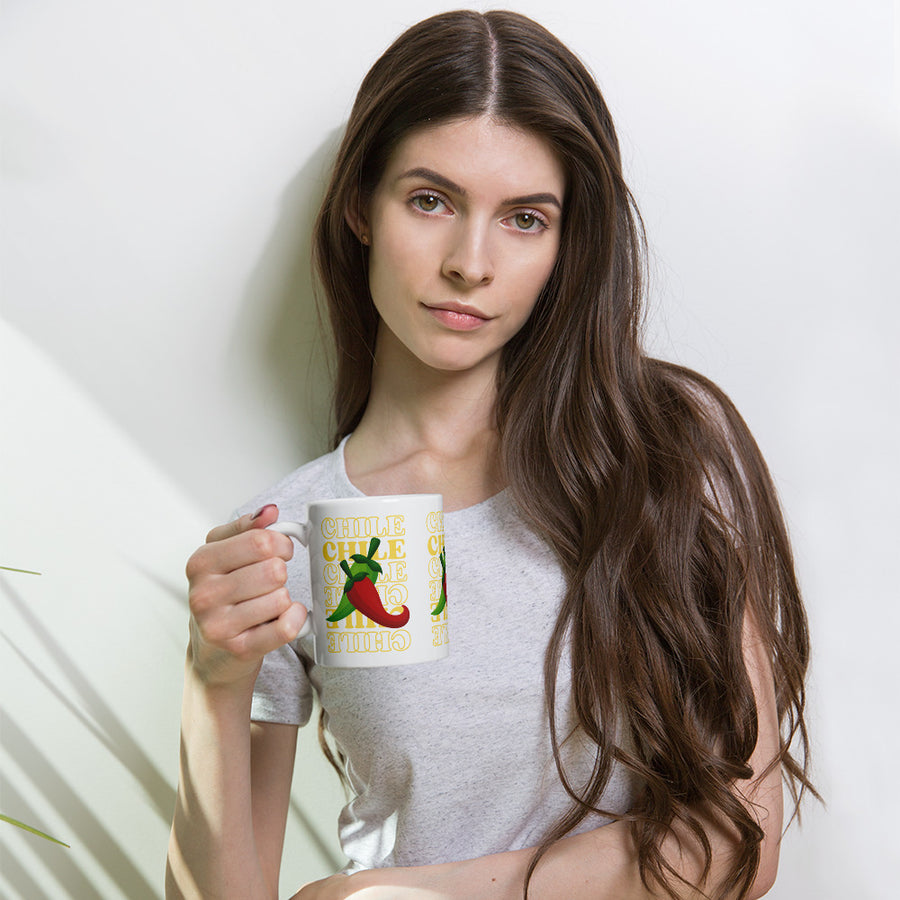 Red & Green Mug — glossy ceramic mug, 11 oz in white, held by a model
