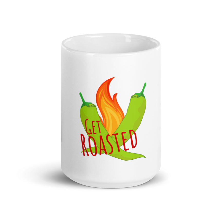 Get Roasted Coffee Mug — glossy ceramic mug, 15 oz in white, front view